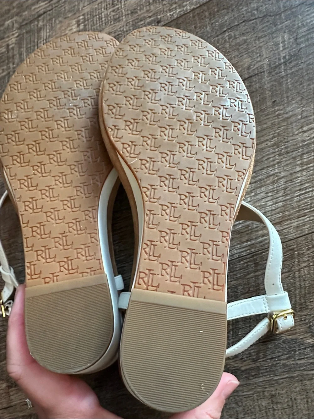 Ralph Lauren Lauren white Wedge Thong Sandals with Gold logo Accent
